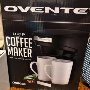 NEW Ovente Black Coffee Maker with White Ceramic Mugs